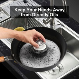 BLIGKO 2Pcs Stainless Steel Scrubber with Handle, Steel Wool Scrubber Tool for Cleaning Dishes, Scrubbing Scouring Brush Pad for Kitchen Pots, Pans, Sink