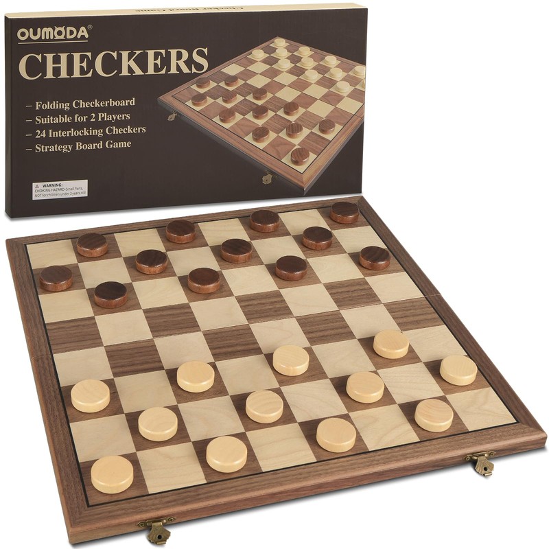 OUMODA Walnut 15" Magnetic Checkers Board Game Set - Folding