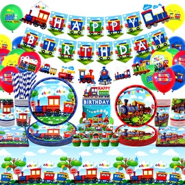 Train Party Supplies , Includes Happy Birthday Banner, Plates, Cupcake Toppers, Napkins, Cups, Tablecloths, for Train Theme Party Birthday Vehicle Party Decorations (Banner)