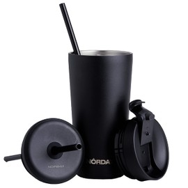NORDAY | Tumbler with Lid and Straw - Bloom 20oz Black | Stainless Steel Reusable Cup | Insulated Tumblers Double Wall | Hot and Cold Drinks up to 24 Hs - 2 Lids and 2 Straws | Iced Coffee Cup