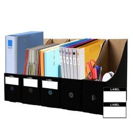 5 Pack Magazine File Holder with 5 Labels,Cardboard Magazine Holder for Files,Document Folder Holders A4 File Organiser Box for School Office Desktop File Paper Divider Storage, Black
