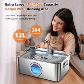 Dog Water Fountain Stainless Steel 12L/410oz/3.2Gal, DYSJ01 Ultra Quiet Pet Water Fountain for Large Dogs Cats & Multi-Pet Home with Water Level Window & LED Indicator