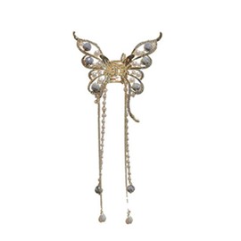 Gold Butterfly Hair Claw Clips Pearl Chain Tassel Rhinestone Butterfly Flower Hair Clips Tassel Nonslip Clamps Hair Accessories for Women (Style1, One size)