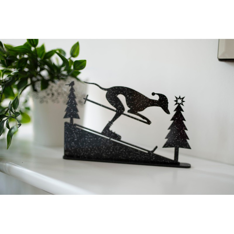 Skiing Whippet Greyhound Silhouette Ornament - Handmade Festive Decor for