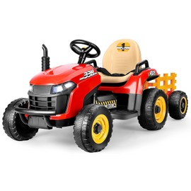 ARBELI 12V 7AH Ride on Tractor w/Tiltable Trailer & Remote Control, 2x45W Motors, Bluetooth, Music, Shifter, Electric Car for Kids Ages 2-5, Red