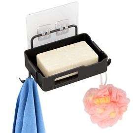 Elvaesther Wall Mounted Soap Holder with Hooks, Stainless Steel Soap Tray, Slotted Soap Dish Holder, Non-drilled Soap Bar Holder for Bathroom Kitchen Accessories Black 1pcs