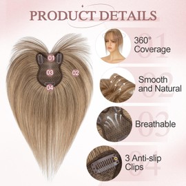 SEGOHAIR Real Hair Topper for Women - 21 g Hand Tied Base Hair Topper Lace Base, Pony Hairpiece Made of 100% Real Hair Clip in Topper, Breathable Tulle Net, Medium Brown/Dark Blonde