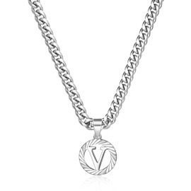 KissYan Gold Initial Necklace,14K Gold Plated Round Letter Pendant Hollow Capital Monogram 5mm Cuban Chain Necklace Alhpabets from A-Z Dainty Jewelry for Women Men Girls(Silver V), Stainless Steel, No Gemstone