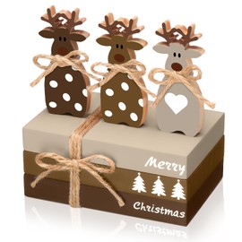 Fiwochic 4 Pcs Christmas Table Decoration Christmas Elk Wooden Book Stack Decor Winter Reindeer Tiered Tray Decor Winter Centerpieces Farmhouse Wooden Block Set Xmas Table Sign for Home