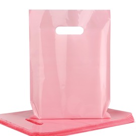 POPGIFTU Pink Plastic Bags with Die-Cut Handles 100 Pack - 9x12 Inches, 1.75 Mil Thick Glossy Pink Retail Shopping Bags Bulk for Gift Wrapping, Party Favors, Birthday, Small Business & Store