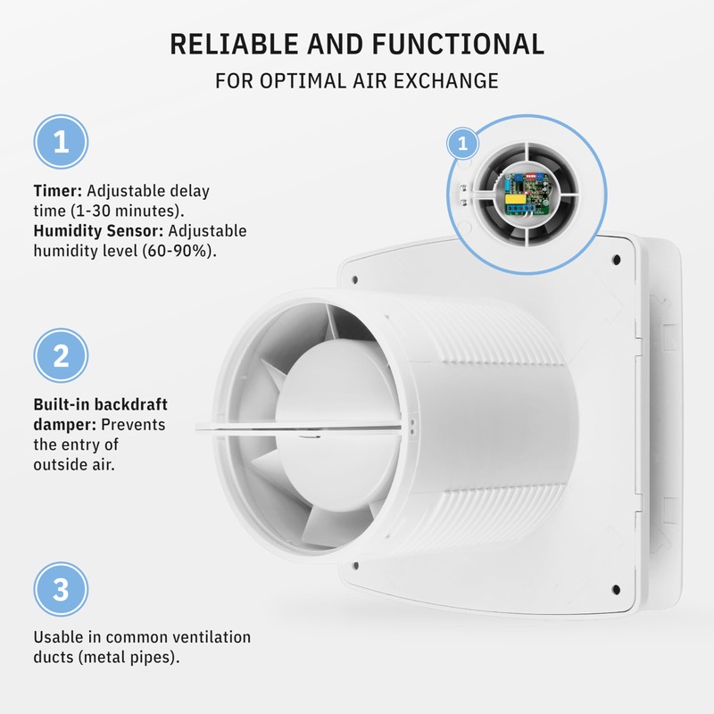 calimaero® BREEZE Bathroom Extractor Fan 100mm with Over-run And Backdraft