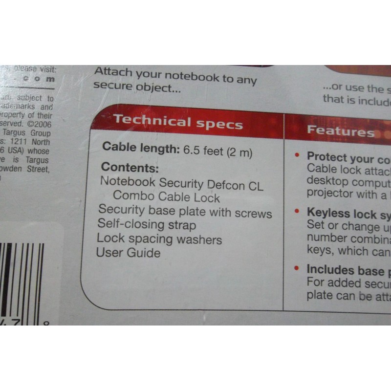 Targus Notebook Monitor PC Security Defcon CL Combo 6.5 ft