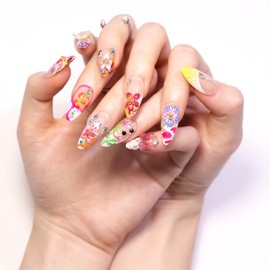 24pcs Colorful Flower Press on Nails Medium Almond Fake Nails with 3D Summer Floral Butterfly Rhinestone Design Glue on Nails French Tip False Nails Gold Beads Acrylic Nails Stick on Nails for Women