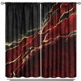 Red Marble Curtains,Abstract Burgundy Maroon Marble Gold Veins Window Drapes,Modern Luxury Art Black Vintage Black Ink Texture Print Window Treatments for Bedroom Living Room 42x45 Inch
