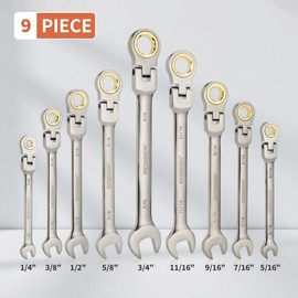 BOOSDEN 9-Piece Ratcheting Wrench Set, Flex-Head Ratchet Combination Wrench Sets with Roll-up Pouch, SAE 1/4-3/4" for Household, Garage, Auto Repairs