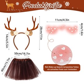 Herbst Women's 3 Deer Costume, Carnival Costume with Deer Antlers Headband, Temporary Tattoo, Brown Tulle Skirt, Reindeer Costume, Adult Fancy Dress Costume, Women's Deer for Christmas, Carnival,