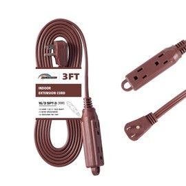 3 Ft Brown Flat Plug Extension Cord with 3 Outlets Indoor Power Strip