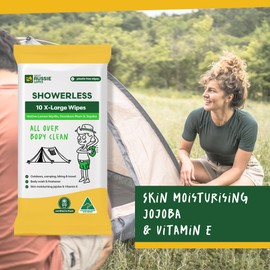 Great Aussie Wipes SHOWERLESS Body Wipes, Disposable Washcloths for Adults, No-Rinse Shower Wipes for Camping, Hiking, Travel, Skin Moisturising & Flushable - 10 Pack XL