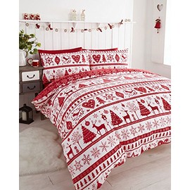 Duvet Cover Set - Red & White Reindeer Heart & Christmas Tree Quilt Cover Set (Single)