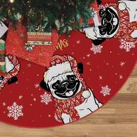 Christmas Tree Skirt Red Tree Skirt Pug Xmas Winter Tree Skirt 48 Inch for Dog Christmas Indoor Outdoor Decorations