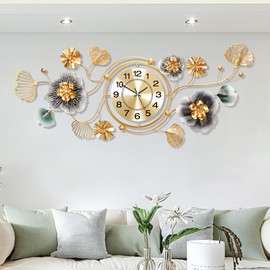 Axioglo Large Wall Clock, Wall Clocks for Living Room Decor, with Silent Movement and Rotatable Dial, 3D Metal Ginkgo Leaf Design, for Living Room Wall Decor Wall Clocks（34''x12''）