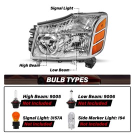 Bingbingmotor Headlight Assembly Compatible with 2004-2015 Nissan Titan / 2005-2007 Armada Left and Right Side Chrome Housing with Amber Reflector Headlamps