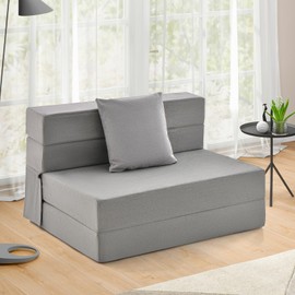 Giantex 6 Inch Folding Sofa Bed Couch with Pillow, Tri-fold Mattress with High-Density Foam, Foldable Floor Couch with Headrest, Portable Guest Bed with Zippered & Washable Cover, Grey