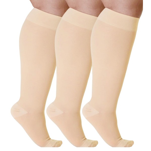 (3 Pairs) Wide Calf Compression Support Stockings for Men and Women 20-30mmHg - Knee High Compression Socks for Circulation during Flight, Travel, Sports, Athletic - Beige, 4X-Large - A501BE7-3