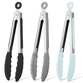 Hotec Mini Silicone Kitchen Tongs for Cooking - 7-Inch Small Serving Tongs with Silicone Tips, Set of 3 (Black,Grey,Light Blue)