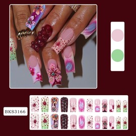3D Flower Press on Nails Long Square Fake Nails French Tips Glue on Nails with Designs Spring Summer Nails Decorations Colorful Coffin Nail Tips Full Cover False Nails for Women Gilrs Manicure 24Pcs