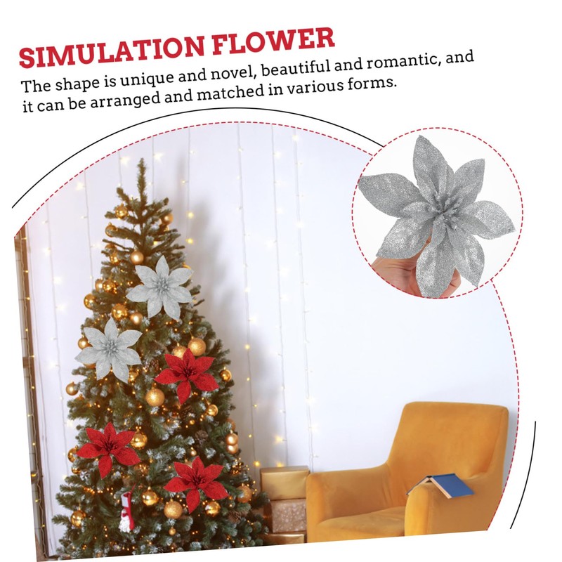 iplusmile 10pcs Glitter Artificial Christmas Flowers Red Silver Tree Hanging