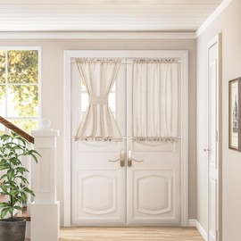 DUKIYO Linen Front Door Curtains 2 Pieces W35 x L40 Dual Rod Pocket Light Coffee Translucent Door Curtains for Doorways Privacy Light Filtering with Tieback for Kitchen Bathroom Bedroom