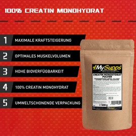MySupps Creatine Monohydrate 500 g, Made in Germany - Ultra Fine Creatine Monohydrate (100% Purity) for Your Workout, Environmentally Friendly Kraft Paper Packaging, for Athletes of All Types