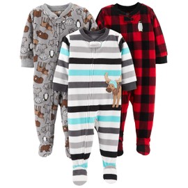 Simple Joys by Carter's Simple Joys by Carter's Boys' 3-Pack Loose Fit Flame Resistant Fleece Footed Pajamas, Buffalo Check/Polar Bear/Stripe, 2T