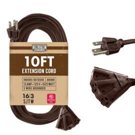 Cablectric 10 ft Brown Outdoor Extension Cord 3 Outlet, 16/3 SJTW Weatherproof Heavy Duty 16 AWG Extension Cord with Multiple Outlets 3 Prong, 13 AMP Exterior Power Cable for Patio, Deck, Landscaping