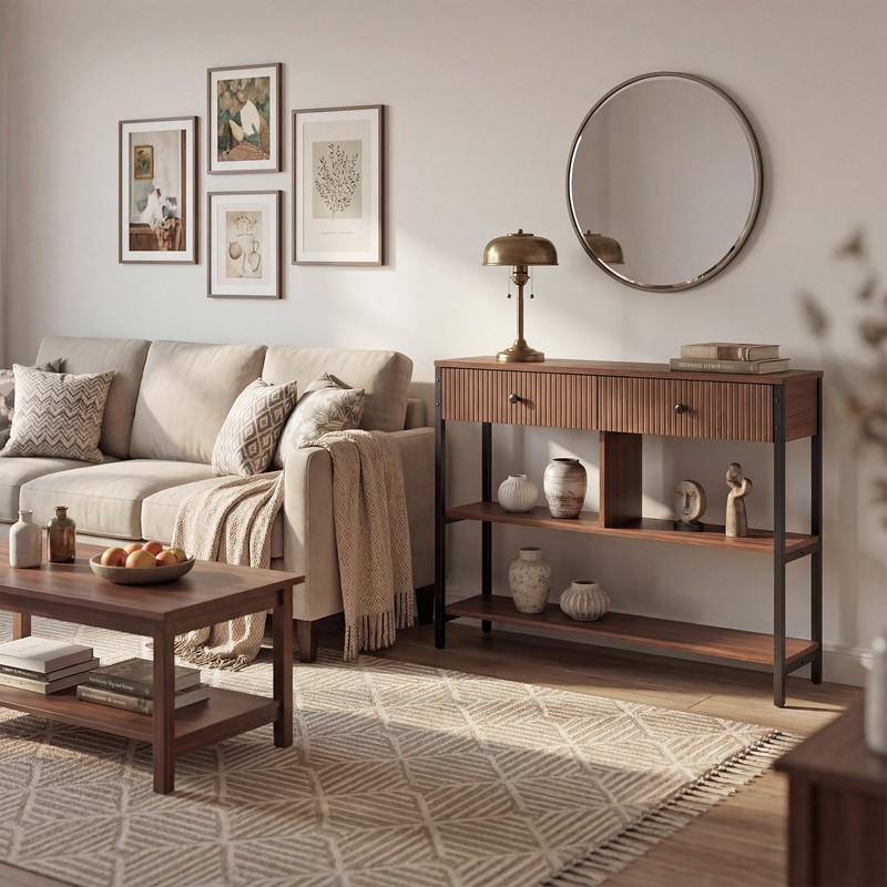 Manora Fluted Console Table with Wooden Drawers, Slim Entryway Table