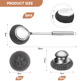 Stainless Steel Scourers with Handle with 2 Replacement Pads and 1Pcs Steel Wool Scrubber with Long Handle, Heavy Duty Cleaning Supplies for Cleaning Kitchen Pots Pans Grills Sink