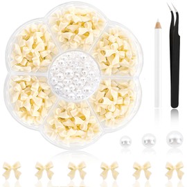 NACHLYNN 630 Pcs Bow Nail Charms Bowknot 3D Cute Nail Charms Flat Back Pearl White Flatback Pearl Beads for Nail DIY Art Crafts Resin Rhinestones Jewelry Decoration Accessories (Beige)