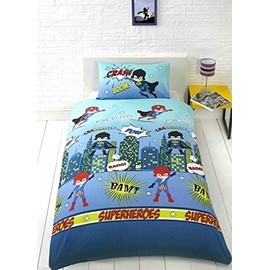 Hallways Super Heroes Blue Aqua Yellow Kids Childrens Boys Single Bed Size Duvet Cover