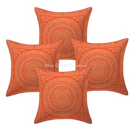 DK Homewares Decorative Sofa Cushion Covers 40 x 40 cm Orange Brocade Jacquard Weave Cushion Covers Decorative Cushion Zip Mandala Square Cushion Covers - Set of 4 (Cover Only)