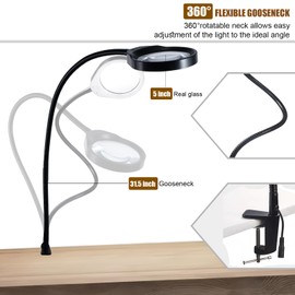 OukaiPDOK Magnifying Glass with Light and Stand 10x Magnifying Flexible Gooseneck LED Desk Lamp Hands Free for Craft Reading Cosmetic Painting Hobby Close Work (Black)