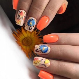 Fall Press on Nails Medium Square Glue on Nails with Yellow Maple Leaf Design Blue Umbrella Fake Nails Reusable Autumn False Nail Glossy Full Cover Orange Holiday Stick on Nail for Women 24Pcs