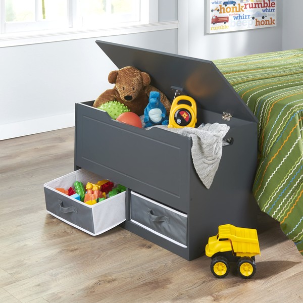 Badger Basket Kid's Up & Down Toy Box and Organizer with Two Reversible Fabric Bins - Dark Gray