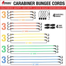 ROCKET STRAPS | (24PC) Carabiner Bungee Cords with Hooks | Bungee Cord Assortment Includes | Tie Downs | Ball Bungees | Carrying Bag | (4) Tarp Clips | 50/50 Latex & Rubber Bungie Cord Straps