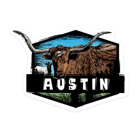 Die Cut Sticker Austin, Texas, Longhorn, Scratchboard, Contour Vinyl Sticker 1 to 3 inches (Waterproof Decal for Cars, Water Bottles, Laptops, Coolers), Small