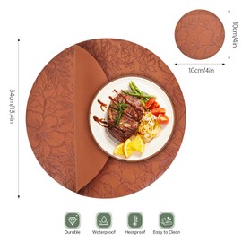 Washable Placemats and Coasters, Set of 6, Double-Sided Place Mats, Round Leather, Non-Slip Placemats, Waterproof, Faux Leather Place Mat, Leather Look (Brown)