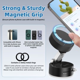 Easvorix Easvorix Vacuum Magnetic Phone Holder with Metal Ring Compatible with iPhone All Phone, Portable Universal Collapsible Magnetic Phone Stand for Gym, Car Mount with Windshield Suction Cup