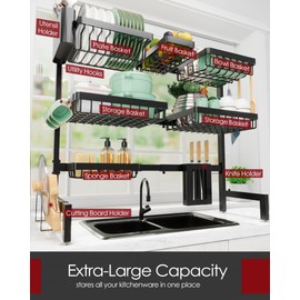 Sakugi Dish Drying Rack - Over The Sink Dish Drainer Drying Rack with Utensil & Knife Holder, Hooks, Stainless Steel Kitchen Organizers and Storage Solution, 11" D x 31.5"~39.0''W x 30.5" H, Black
