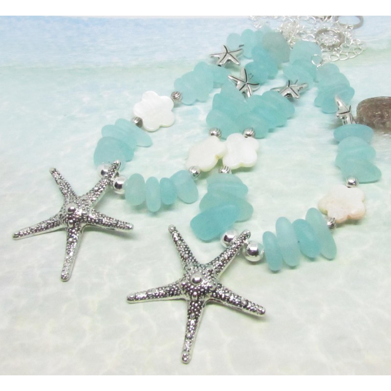 Starfish Curtain Tie Backs with Ocean Blue Sea Glass Beads,