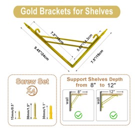 Z METNAL Gold Shelf Brackets, Triangle Shelving Brackets, Versatile Right Angle Wall Mounted Shelf Supporters for Scaffold Board, Modern Brass Wall Decor Brace for DIY Shelving, Gold, 2 Pcs